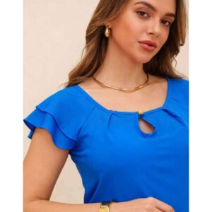 Blusa Manga Curta Babado com Botão Elegante