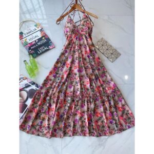 Vestido Longo Costas Nuas Alça Fina Crepe Elegante